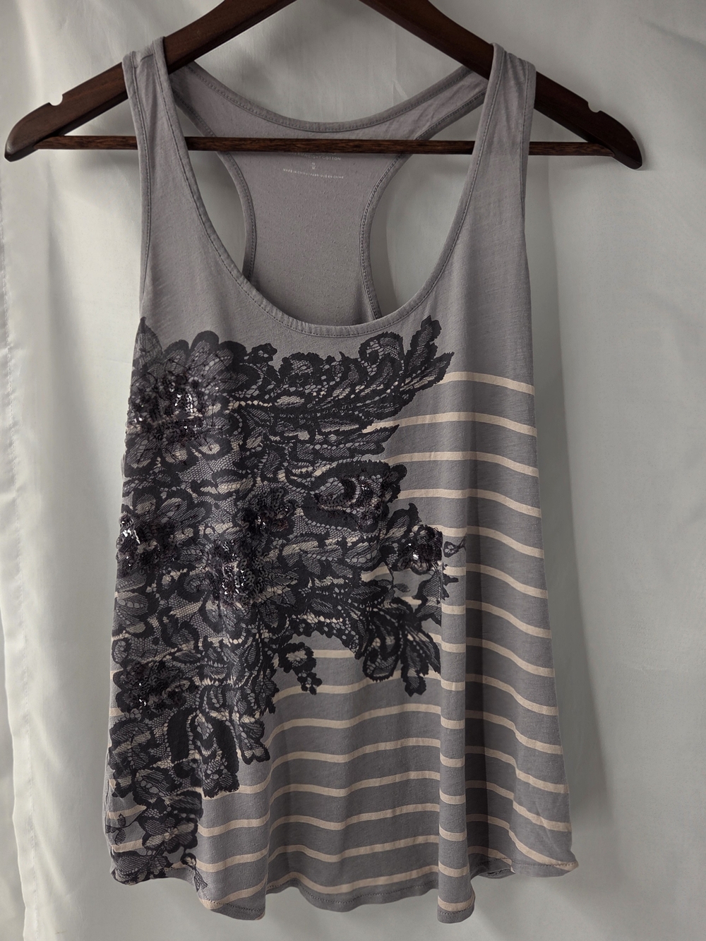 Express Dreamweight Cotton Striped Sequin Lace Racerback Tank Top M Grey Y2K
